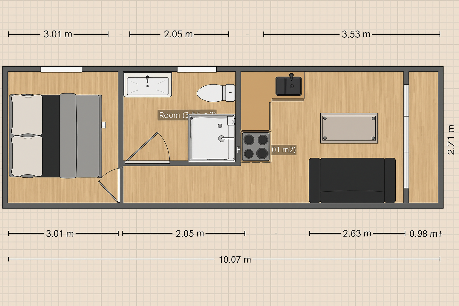 Plano distribución casa móvil autosuficiente