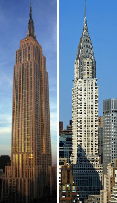 Rascacielos Empire State Building y Chrysler Building en Nueva York, ejemplos históricos de estructuras de acero duraderas desde 1930.